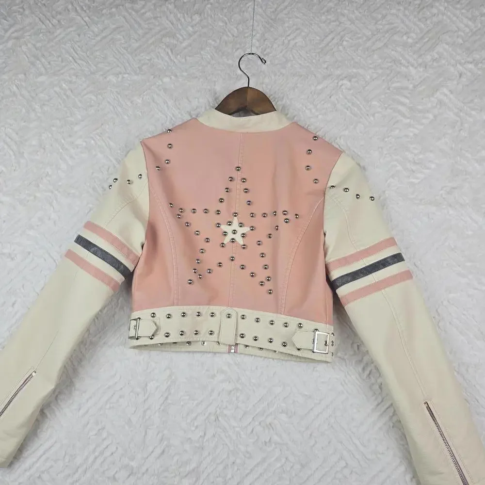 Urban Outfitters Pink and Cream Studded Leather Jacket